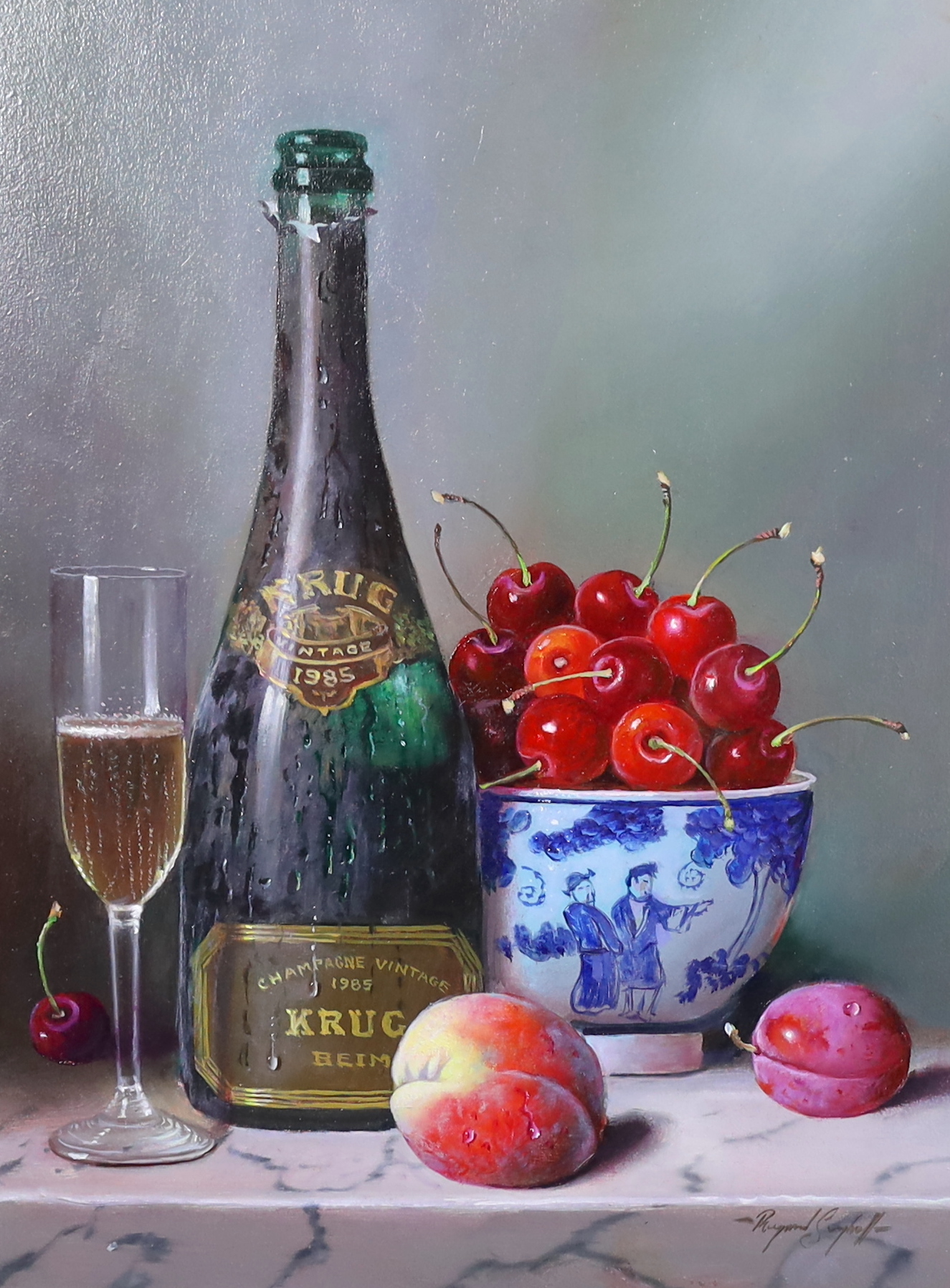 Raymond Campbell (English, b.1956), '1985 Vintage Krug Champagne', oil on panel, 40 x 30cm